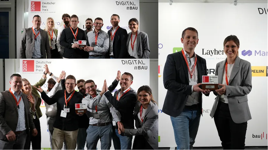 Das Team mit dem Pokal des Deutschen Bau Preises 2024 vor der Sponsorenwand der digitalBAU.